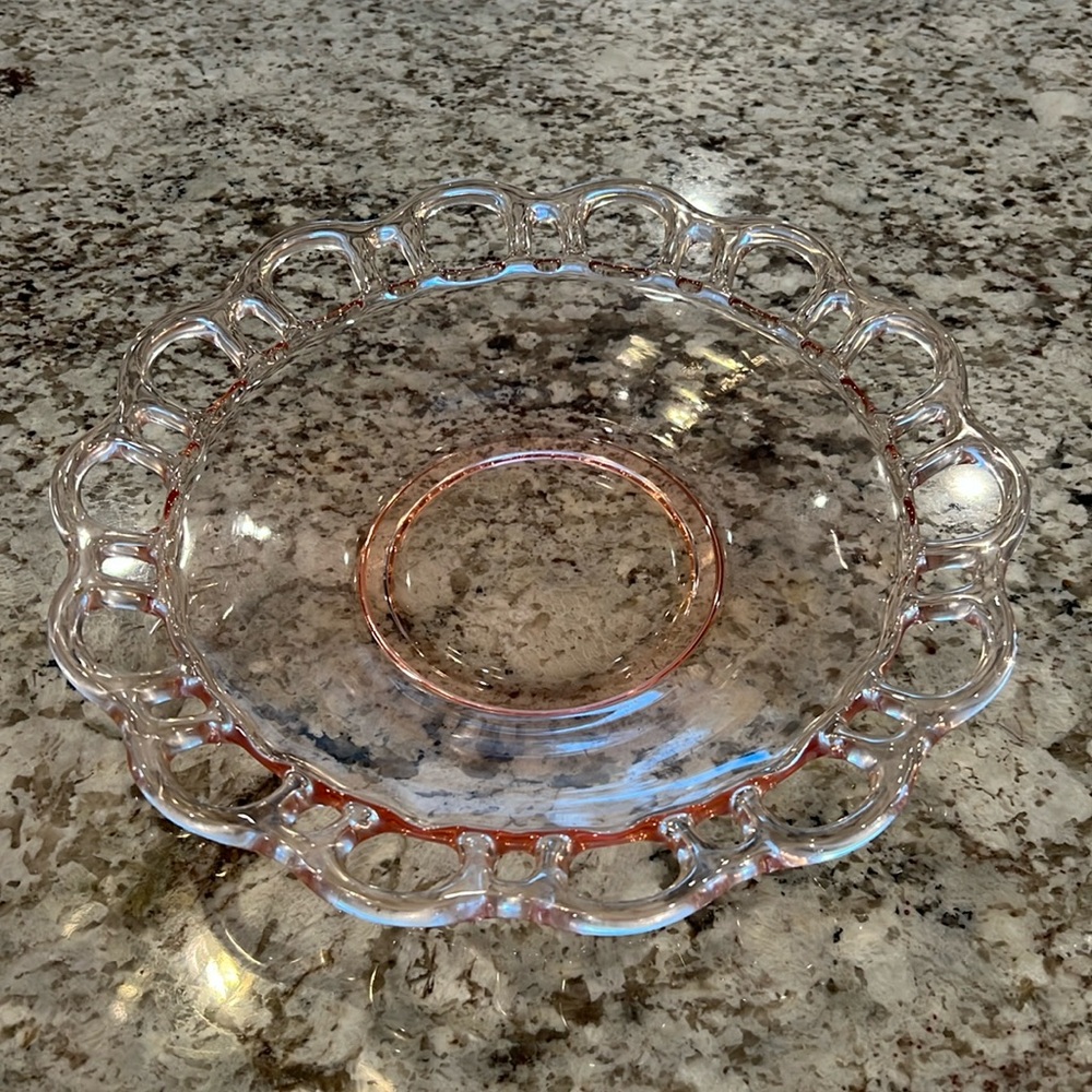 Pink Depression Glass Plate Open Lace Edge Clear no Sunburst on bottom Rare